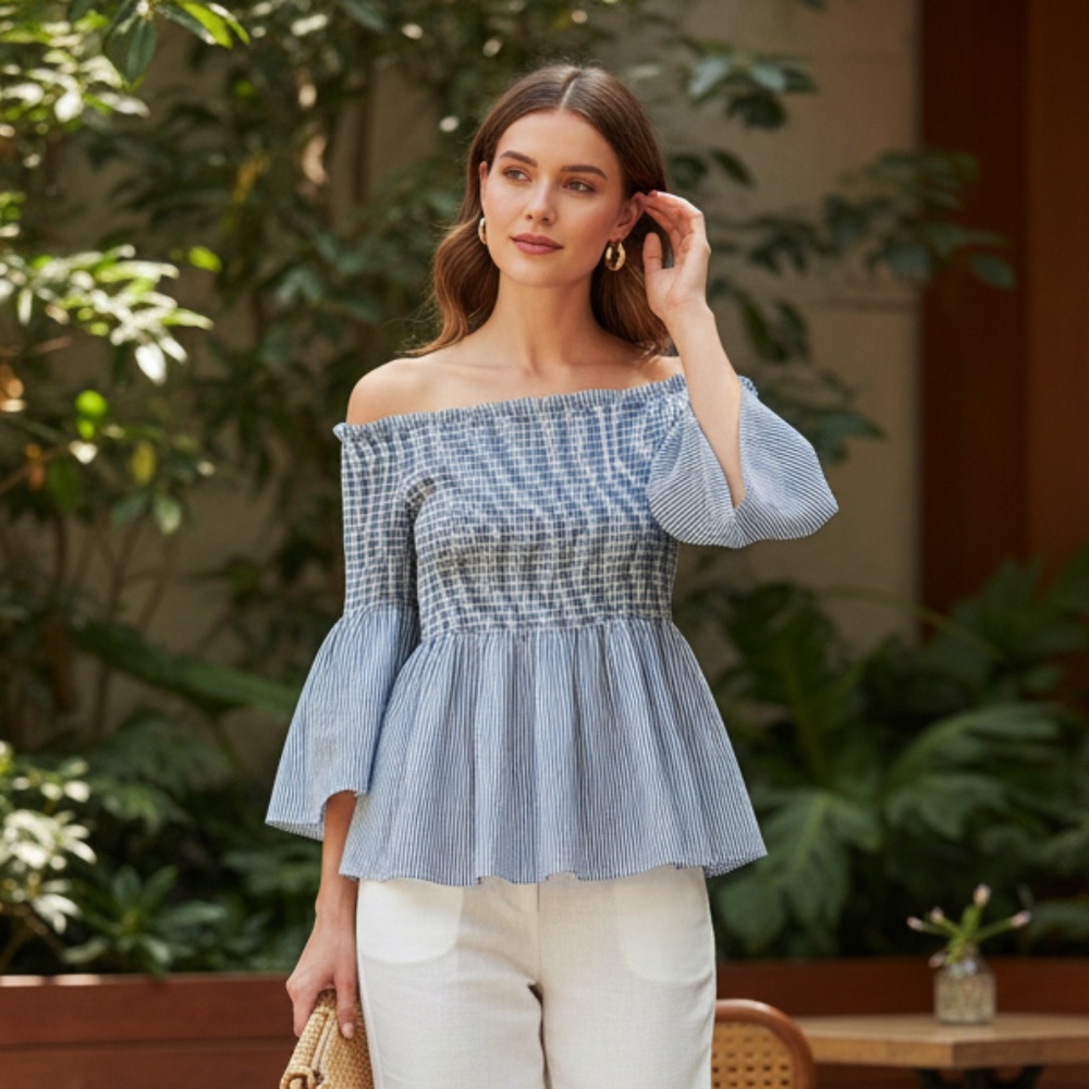 White and Blue, off shoulder top, smoked chest and waist, body flattering Medium - Picture 2 of 4
